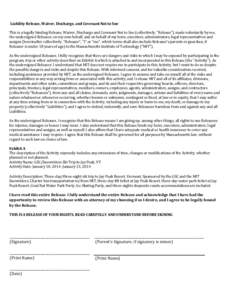 Liability Release, Waiver, Discharge, and Covenant Not to Sue This is a legally binding Release, Waiver, Discharge and Covenant Not to Sue (collectively, 