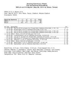 Scoring Summary (Final) The Automated ScoreBook NWLA vs #10 Baylor (Sep 06, 2014 at Waco, Texas) NWLA[removed]vs. Baylor[removed]Date: Sep 06, 2014 • Site: Waco, Texas • Stadium: McLane Stadium