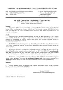 EDUCATION AND MANPOWER BUREAU CIRCULAR MEMORANDUM NOFrom : Secretary for Education and Manpower Schools Ref . : EMB(CD)/LWLL/ADMDate : 24 JuneTo : Heads of Primary and Secondary