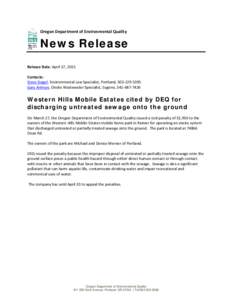 Oregon Department of Environmental Quality  News Release Release Date: April 17, 2015 Contacts: Steve Siegel, Environmental Law Specialist, Portland, 