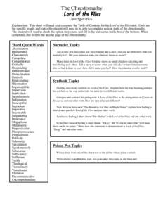 The Chrestomathy Lord of the Flies Unit Specifics Explanation: This sheet will need to accompany the Table of Contents for the Lord of the Flies unit. On it are the specific words and topics the student will need to be a