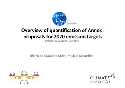 Overview of quantification of Annex I  proposals for 2020 emission targets 2 August 2010, Bonn, Germany Bill Hare, Claudine Chen, Michiel Schaeffer