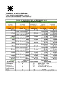 UNIVERSIDAD TECNOLÓGICA NACIONAL FACULTAD REGIONAL GENERAL PACHECO TECNICATURA SUPERIOR EN ADMINISTRACIÓN CURSO DE NIVELACIÓN MES DE SEPTIEMBRE 2018 CRONOGRAMA DE ACTIVIDADES LUNES