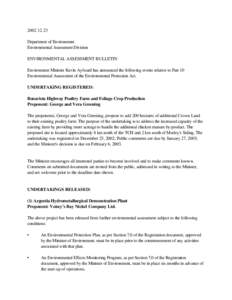 [removed]Department of Environment Environmental Assessment Division ENVIRONMENTAL ASSESSMENT BULLETIN Environment Minister Kevin Aylward has announced the following events relative to Part 10 Environmental Assessment 