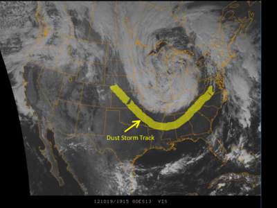 Dust Storm Track  Summary: Parched by months of drought and searing heat, the Great Plains of the United States endured a widespread dust storm in mid-October[removed]Severe winds blew soil and sediment across hundreds of