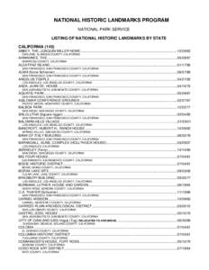 NATIONAL HISTORIC LANDMARKS PROGRAM NATIONAL PARK SERVICE LISTING OF NATIONAL HISTORIC LANDMARKS BY STATE CALIFORNIA[removed]ABBEY, THE, JOAQUIN MILLER HOME..................................................................