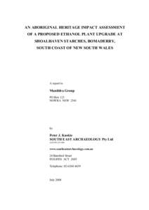 AN ABORIGINAL HERITAGE IMPACT ASSESSMENT OF A PROPOSED ETHANOL PLANT UPGRADE AT SHOALHAVEN STARCHES, BOMADERRY, SOUTH COAST OF NEW SOUTH WALES  A report to