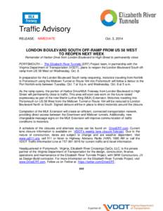 Traffic Advisory RELEASE: IMMEDIATE Oct. 3, 2014  LONDON BOULEVARD SOUTH OFF-RAMP FROM US 58 WEST