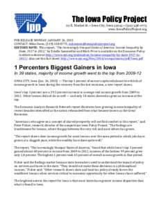 The Iowa Policy Project  20 E. Market St. • Iowa City, Iowa 52245 • (www.IowaPolicyProject.org FOR	
  RELEASE	
  MONDAY,	
  JANUARY	
  26,	
  2015	
   CONTACT:	
  Mike	
  Owen,	
  (319)	
  338