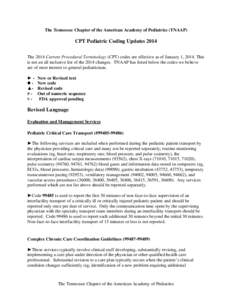 The Tennessee Chapter of the American Academy of Pediatrics (TNAAP)  CPT Pediatric Coding Updates 2014 The 2014 Current Procedural Terminology (CPT) codes are effective as of January 1, 2014. This is not an all inclusive