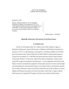 8148 Order Re Amendment to Certificate of Public Good STATE OF VERMONT PUBLIC SERVICE BOARD Docket No[removed]Petition of Barton Solar LLC for an Amended