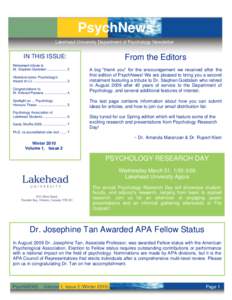 PsychNews Lakehead University Department of Psychology Newsletter IN THIS ISSUE: Retirement tribute to Dr. Stephen Goldstein ...............….. 2