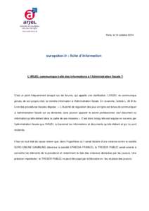 Paris, le 14 octobre[removed]europoker.fr : fiche d’information L’ARJEL communique-t-elle des informations à l’Administration fiscale ?