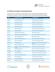 AP STEM Access Program: Participating Schools During the 2013–14 school year, the following high schools received funding through the AP STEM Access grant for classroom resources, educational resources, and teacher pro