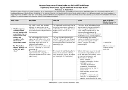 Vermont Department of Education Factors for Rapid School Change Supervisory Union School Support Team Self-Assessment Rubric APPENDIX B - Addendum The purpose of this document is to provide guidance to the SU School Supp