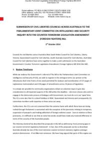 Counter-Terrorism Legislation Amendment (Foreign Fighters) Bill 2014 Submission 25 Postal address: PO BOX A1386 SYDNEY SOUTH NSW 1235 Office address: suite 203, 105 Pitt Street SYDNEY NSW 2000 Phone: [removed]