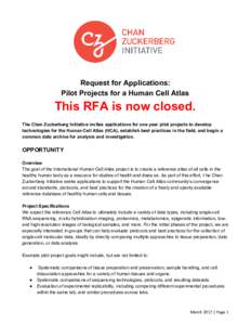 Request for Applications: Pilot Projects for a Human Cell Atlas This RFA is now closed. The Chan Zuckerberg Initiative invites applications for one year pilot projects to develop technologies for the Human Cell Atlas (HC