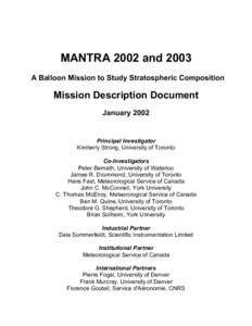 MANTRA 2002 and 2003 A Balloon Mission to Study Stratospheric Composition Mission Description Document January 2002
