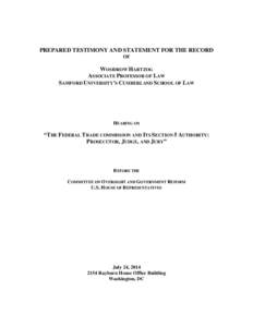 PREPARED TESTIMONY AND STATEMENT FOR THE RECORD OF WOODROW HARTZOG ASSOCIATE PROFESSOR OF LAW SAMFORD UNIVERSITY’S CUMBERLAND SCHOOL OF LAW