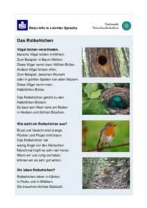 Natur-Info in Leichter Sprache  Das Rotkehlchen Vögel brüten verschieden. Manche Vögel brüten in Höhlen. Zum Beispiel: in Baum-Höhlen.