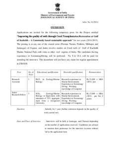Government of India Ministry of Environment and Forests ZOOLOGICAL SURVEY OF INDIA Advt. No[removed]INTERVIEW