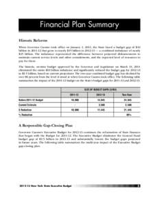 Financial Plan Summary Historic Reforms When Governor Cuomo took office on January 1, 2011, the State faced a budget gap of $10 billion in[removed]that grew to nearly $15 billion in[removed] — a combined imbalance of ne