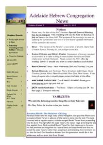 Adelaide Hebrew Congregation News Volume 6 Issue 3 June 15, 2012