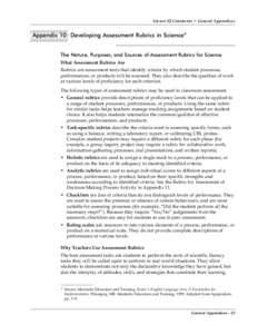 GrAde 12 Chemistry • General Appendices  Appendix 10: Developing Assessment Rubrics in Science* The Nature, Purposes, and Sources of Assessment Rubrics for Science What Assessment rubrics Are Rubrics are assessment too