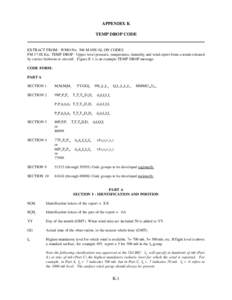 APPENDIX K TEMP DROP CODE EXTRACT FROM: WMO-No. 306 MANUAL ON CODES FM 37-IX Ext. TEMP DROP - Upper-level pressure, temperature, humidity and wind report from a sonde released by carrier balloons or aircraft. Figure E-1 