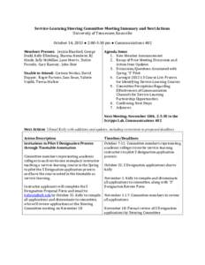 Service-Learning Steering Committee Meeting Summary and Next Actions University of Tennessee, Knoxville October 14, 2013 ● 2:00-3:30 pm ● Communications 402 Members Present: Jessica Blanford, George Dodd, Kelly Ellen