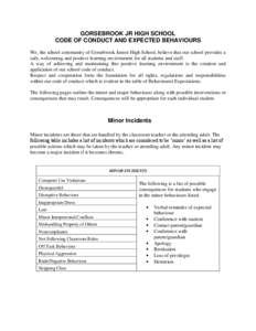 GORSEBROOK JR HIGH SCHOOL CODE OF CONDUCT AND EXPECTED BEHAVIOURS We, the school community of Gorsebrook Junior High School, believe that our school provides a