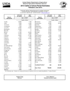 2013 Cattle & Calves Parish Estimates Released: June 2013 Cooperating with The Louisiana Department of Agriculture and Forestry Louisiana Field Office · 5825 Florida Blvd · Baton Rouge, LA[removed][removed]