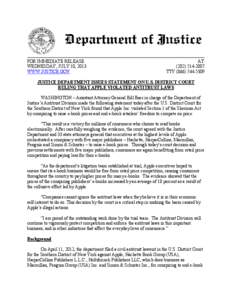 Justice Department Issues Statement on U.S. District Court Ruling That Apple Violated Antitrust Laws