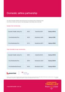 Domestic airline partnership Our valued Corporate Traveller clients have access to the following airline membership rates. No minimum numbers are required to take advantage of these heavily discounted rates. Qantas Club 