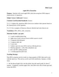 Fifth Grade Apple DNA Extraction Purpose: Students will extract apple DNA after discussing how DNA impacts characteristics of organisms. Subject Area(s) Addressed: Science Common Core/Essential Standards: Science