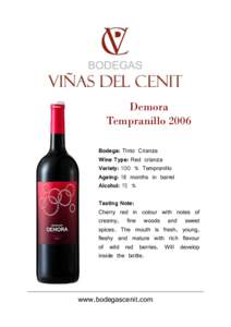 Demora Tempranillo 2006 Bodega: Tinto Crianza Wine Type: Red crianza Variety: 100 % Tempranillo Ageing: 18 months in barrel