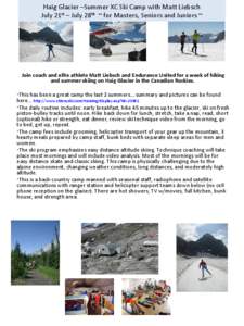 Haig Glacier –Summer XC Ski Camp with Matt Liebsch July 21st – July 28th ~ for Masters, Seniors and Juniors ~