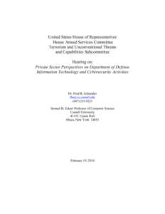 United States House of Representatives House Armed Services Committee Terrorism and Unconventional Threats and Capabilities Subcommittee Hearing on: Private Sector Perspectives on Department of Defense