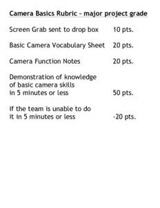 Camera Basics Rubric – major project grade Screen Grab sent to drop box 10 pts.  Basic Camera Vocabulary Sheet