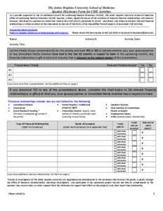 The Johns Hopkins University School of Medicine Speaker Disclosure Form for CME Activities As a provider approved by the Accreditation Council for Continuing Medical Education (ACCME), The Johns Hopkins University School