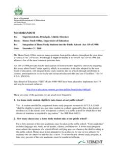 State of Vermont Vermont Department of Education 120 State Street Montpelier, VT[removed]MEMORANDUM