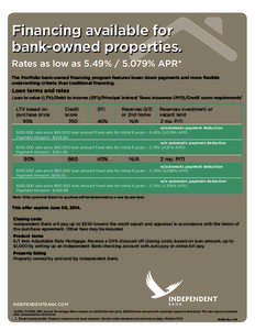 Financing available for bank-owned properties. Rates as low as 5.49% / 5.079% APR* The Portfolio bank-owned financing program features lower down payments and more flexible underwriting criteria than traditional financin