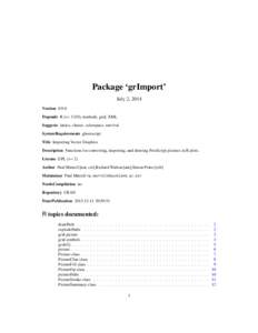 Package ‘grImport’ July 2, 2014 Version[removed]Depends R (>= 3.0.0), methods, grid, XML Suggests lattice, cluster, colorspace, survival SystemRequirements ghostscript