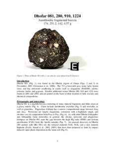 Dhofar 081, 280, 910, 1224 Anorthositic fragmental breccia 174, 251.2, 142, 4.57 g Figure 1: Photo of Dhofar 081 with a 1 cm cube for scale (photo from R. Korotev).