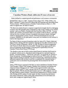 NEWS RELEASE Canadian Western Bank celebrates 25 years of success