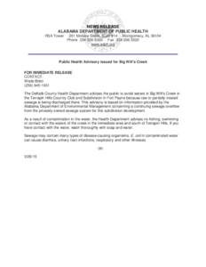 NEWS RELEASE ALABAMA DEPARTMENT OF PUBLIC HEALTH RSA Tower 201 Monroe Street, Suite 914 Montgomery, ALPhoneFax