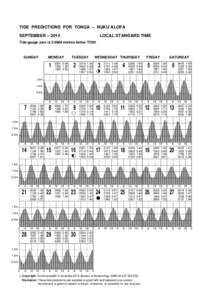 TIDE PREDICTIONS FOR TONGA – NUKU’ALOFA SEPTEMBER – 2014 LOCAL STANDARD TIME  Tide gauge zero is[removed]metres below TON1