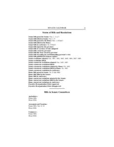 SENATE CALENDAR  Status of Bills and Resolutions Senate bills passed in Senate: Nos. 1, 3, 4, 5 Senate bills killed in Senate: Nos. 2, 9 Senate bills passed by the House: Nos. 1, H Sub 3