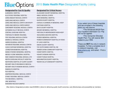 2015 State Health Plan Designated Facility Listing Designated for Cost & Quality Designated for Critical Access  ALBEMARLE HOSPITAL