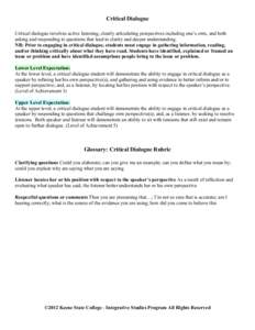 Critical Dialogue Critical dialogue involves active listening, clearly articulating perspectives including one’s own, and both asking and responding to questions that lead to clarity and deeper understanding. NB: Prior